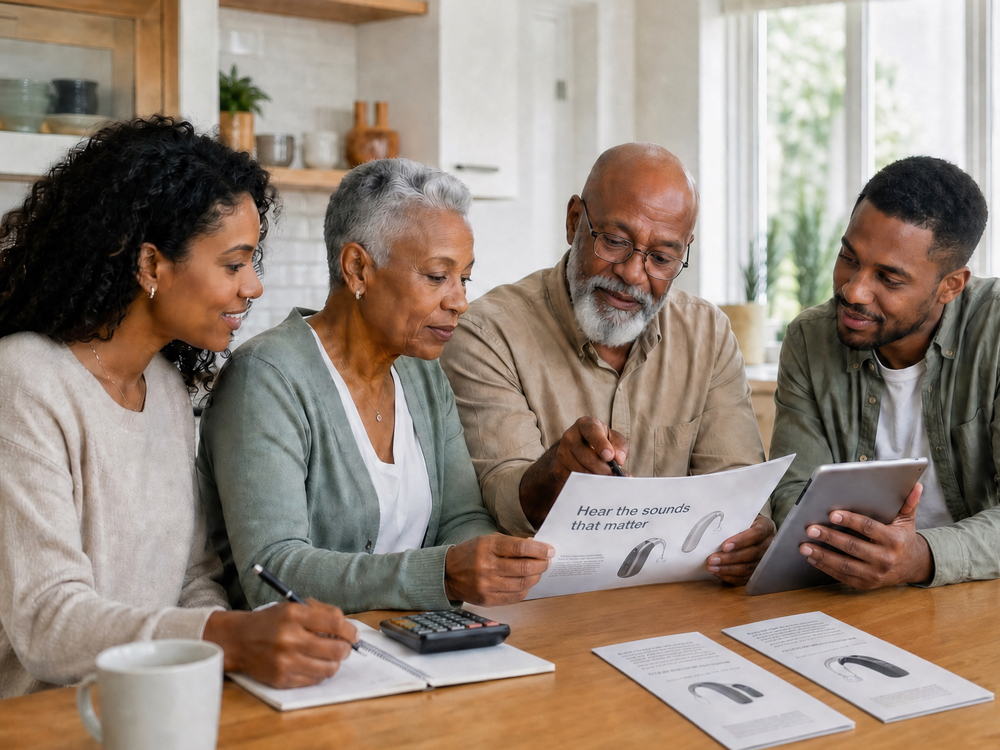 Family comparing hearing aid options and costs together while planning financing in Glen Burnie, MD