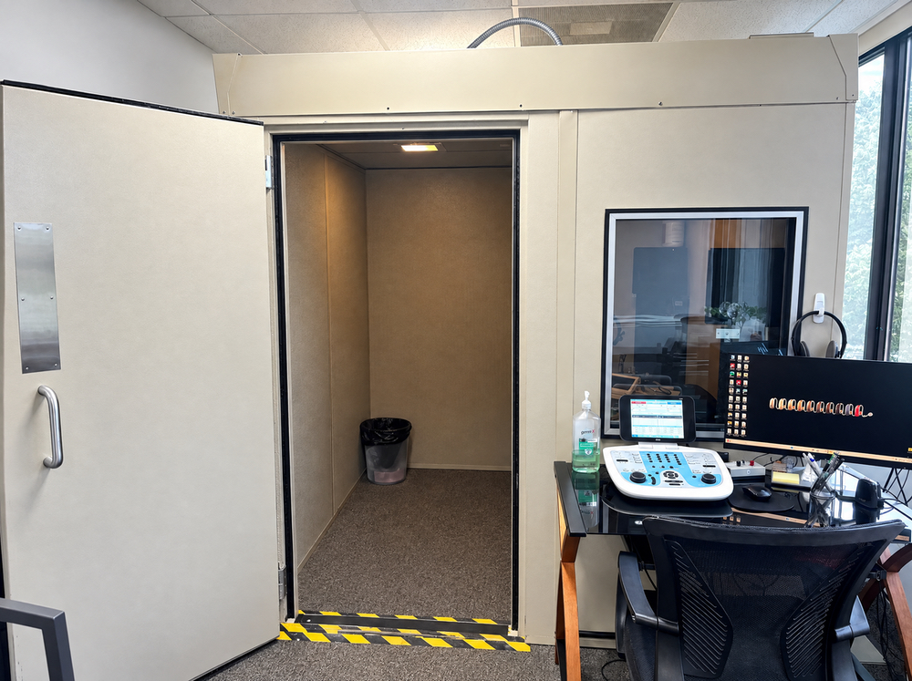 Sound-treated audiometric booth used for veterans' hearing evaluations at Anne Arundel Audiology in Glen Burnie, MD