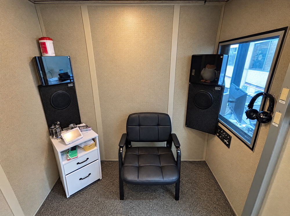 Inside the sound booth where veterans' hearing tests are performed at Anne Arundel Audiology in Glen Burnie, MD